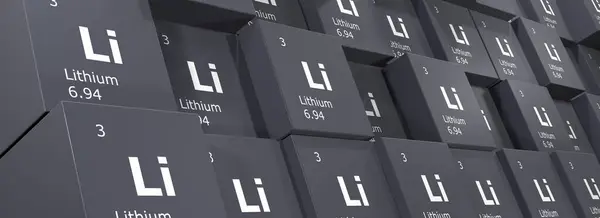 Lithium Rendering Hintergrund Von Würfeln Mit Symbolen Der Elemente Des — Stockfoto