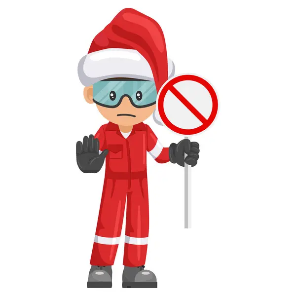 Trabajador Mecánico Industrial Con Sombrero Santa Claus Con Señal Prohibida — Archivo Imágenes Vectoriales