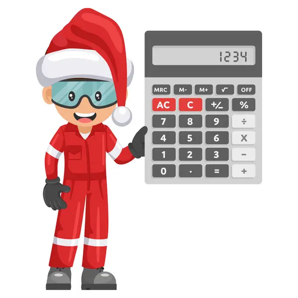 Trabajador Mecánico Industrial Con Sombrero Santa Claus Con Una Calculadora Ilustraciones de stock libres de derechos