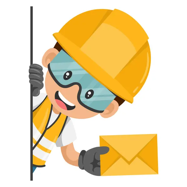 stock vector Industrial construction worker peeking out from behind a wall with letter envelope for email. Concept of communication, notification and contact. Industrial safety and occupational health at work