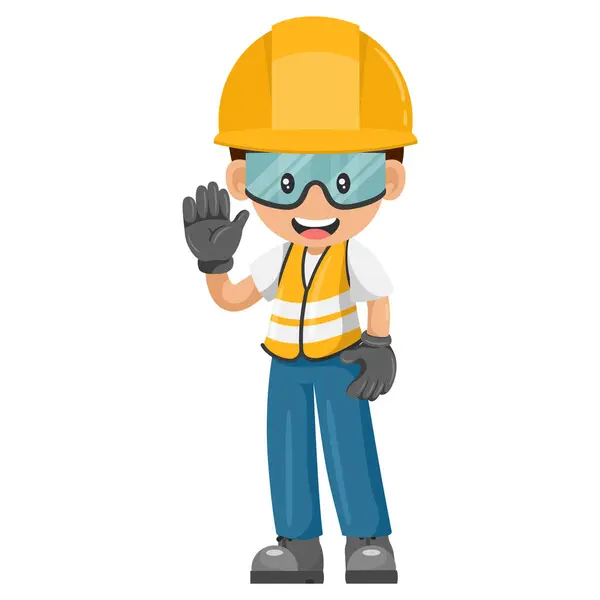 Trabajador Construcción Industrial Con Equipo Protección Personal Saludando Expresar Una Ilustración de stock