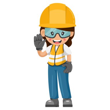 Endüstriyel inşaat işçisi kadın kişisel koruyucu teçhizatıyla selamlıyor. Sunumda bir fikri ifade et. Önce güvenlik. İş yerinde sanayi güvenliği ve iş sağlığı