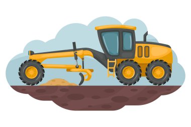 Karikatür karikatürü zemini düzleştiriyor. İnşaat ve madencilik sektöründe kullanılan ağır makineler