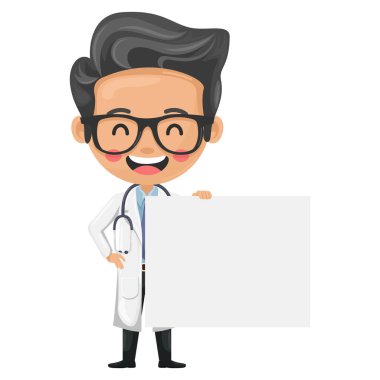 Mesajlar, reklamlar, sunumlar, broşürler için yeri olan gülümseyen doktor karakterinin çizgi filmi. Sağlık ve tıp konsepti. Sağlık alanında araştırma, bilim ve teknoloji