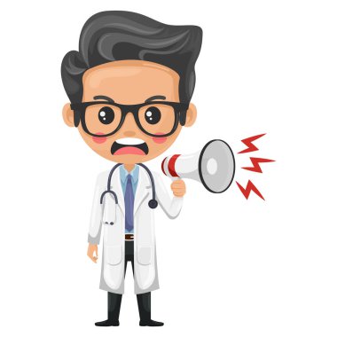 Sinirli çizgi film doktoru megafonla bir duyuru yapıyor. Sağlık ve tıp konsepti. Sağlık uzmanı tıbbi muayene yapacak. Sağlık alanında araştırma, bilim ve teknoloji