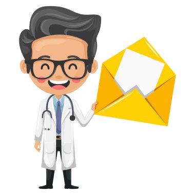 E-posta için mektup zarfıyla steteskoplu bir karikatür doktoru. Sağlık ve tıp konsepti. İletişim, bilgilendirme ve iletişim kavramı. Sağlık alanında araştırma, bilim ve teknoloji
