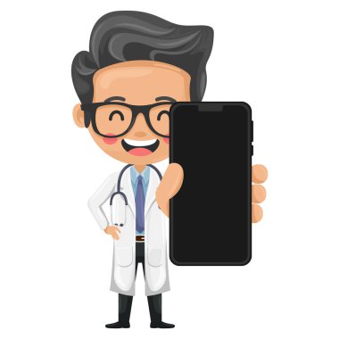 Cep telefonlu steteskoplu bir karikatür doktoru. İletişim, bilgilendirme ve iletişim kavramı. Sağlık ve tıp konsepti. Sağlık alanında araştırma, bilim ve teknoloji