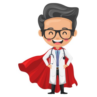 Süper kahraman pelerinini giymiş steteskoplu çizgi film kahramanı doktor. Sağlık süper kahramanı virüslerle ve hastalıklarla savaşıyor. Sağlık ve tıp konsepti. Sağlık alanında araştırma, bilim ve teknoloji
