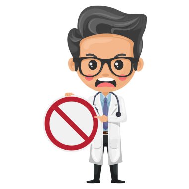 Sinirli Doktor 'un çizgi filmi, elinde Yasak Tabelayı tutuyor. Sağlık ve tıp konsepti. Sağlık uzmanı bir hastaya tıbbi muayene yapacak. Sağlık alanında araştırma, bilim ve teknoloji