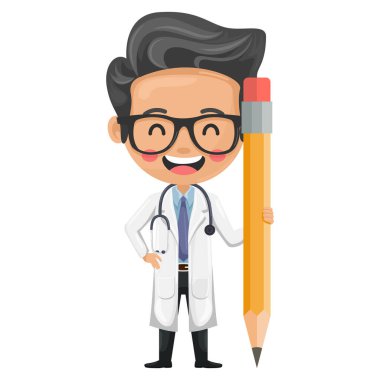 Elinde kalem olan bir doktorun karikatürü tıbbi pratikteki belgelerin, çalışmanın ve yaratıcılığın önemini sembolize ediyor. Sağlık ve tıp konsepti. Sağlık alanında araştırma, bilim ve teknoloji