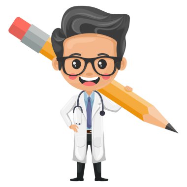 Tıbbi pratikteki belge, çalışma ve yaratıcılığın önemini sembolize eden kalem taşıyan bir doktorun karikatürü. Sağlık ve tıp konsepti. Sağlık alanında araştırma, bilim ve teknoloji