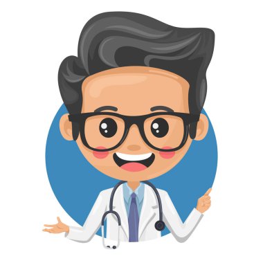 Steteskopu parmağını gösteren bir doktor karakteri çizgi filmi. Bir fikri ifade et ve işaret parmağınla işaret et. Sağlık ve tıp konsepti. Sağlık alanında araştırma, bilim ve teknoloji