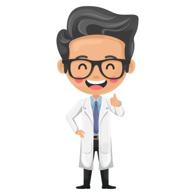 Doktor çizgi film başparmakları havada. Hastalarla samimi ve nazik bir şekilde iletişim kurarak güven ve rahatlık ortamı yaratır. Sağlık ve tıp konsepti. Sağlık alanında araştırma, bilim ve teknoloji