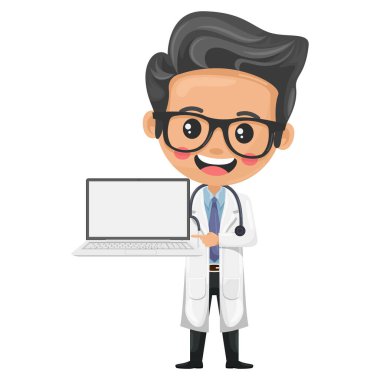 Dizüstü bilgisayarı olan bir doktor karakter çizgi filmi. Tıbbi pratikte teknoloji entegrasyonu. Hasta bakımını iyileştirmek, bilgiyi yönetmek ve araştırma yapmak için dijital araçlar. Sağlık ve Tıp Konsepti