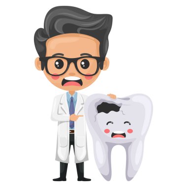 Hüzünlü, çürük dişli dişçi doktor çizgi filmi. Diş ve sakız hastalıklarının önlenmesi, teşhisi ve tedavisi. Diş sağlığı ve ağız bakımı. Diş çürüğünün önlenmesi. Sağlık ve Tıp Konsepti