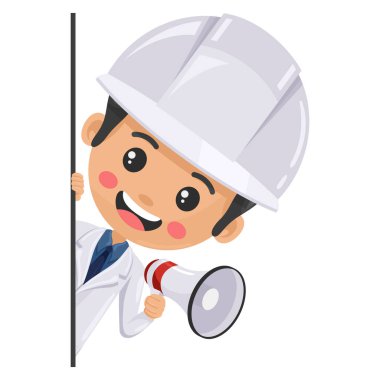 Quality control supervisor peeking out from behind a wall making an announcement with a megaphone. Concept of notification and contact. Food industry engineer. Safety food production and processing clipart