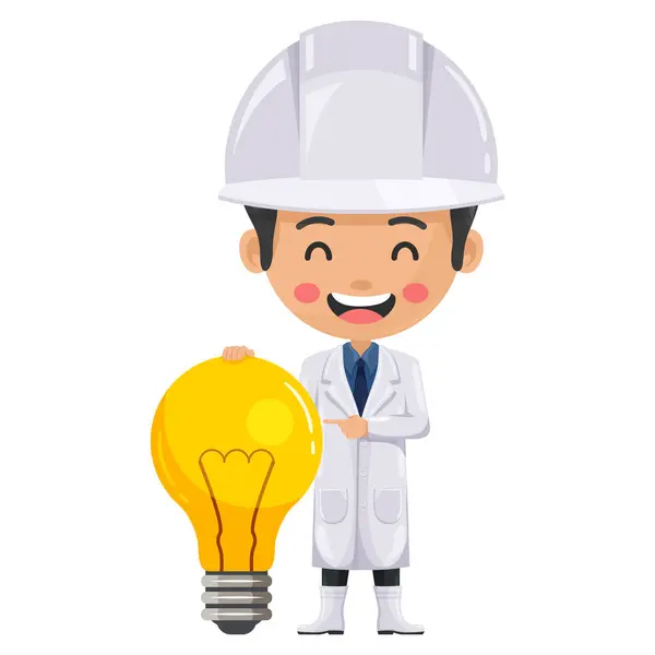 stock vector Quality control happy supervisor with a light bulb. Food industry engineer. Creative concept for the generation of ideas. Chief food safety engineer. Science, technology and safety in food production