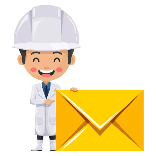 stock vector Quality control happy supervisor with letter envelope for email. Food industry engineer. Concept of notification and contact. Chief food safety engineer. Safety in food production and processing