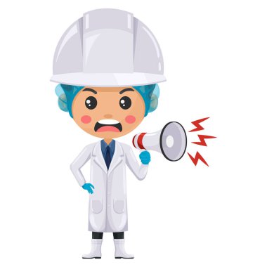 Kızgın kalite kontrol üretim hattı megafonla bir duyuru yapıyor. Gıda endüstrisi mühendisi. Baş gıda güvenliği. Gıda üretimi ve işlemesinde bilim, teknoloji ve güvenlik