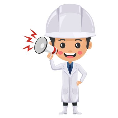 Gıda üretim hattındaki kalite kontrol şefi megafonla bir duyuru yapıyor. Gıda endüstrisinde açık ve etkili iletişimin önemi. Gıda endüstrisi mühendisi