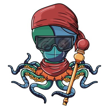 Çizgi film sayborg ahtapot korsanı bandana, güneş gözlüğü ve altın bir asa. Fantezi, bilim kurgu ve macera çizgi romanları için illüstrasyon