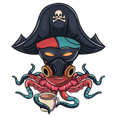 Elinde kahve tutan korsan şapkası, maskesi ve gaz maskesi olan bir ahtapot cyberg çizgi filmi. Fantezi, bilim kurgu ve macera çizgi romanları için illüstrasyon