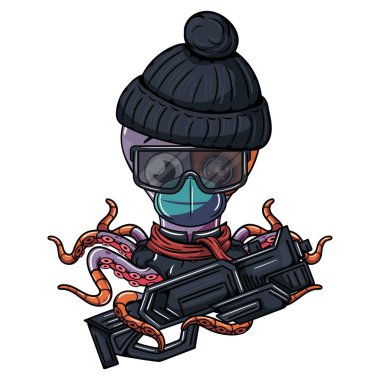 Şapka takan, maske takan ve gözlük takan ahtapot bir cyborg elinde kararlı bir ifadeyle fütürist bir silah tutuyor. Fantezi, bilim kurgu ve macera çizgi romanları için illüstrasyon