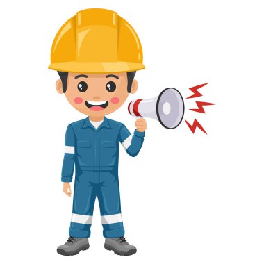 Endüstriyel tamirci megafonla bir duyuru yapıyor. Üstü örtülü ve kişisel koruyucu ekipmanlarıyla denetleyici mühendis. İş yerinde sanayi güvenliği ve iş sağlığı