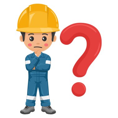 Endüstriyel mekanik işçisi, SSS konsepti için dev bir soru işaretiyle şüpheyi dile getiriyor. İş yerinde sanayi güvenliği ve iş sağlığı