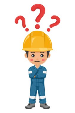 Endüstriyel mekanik işçisi, SSS konsepti için soru işaretiyle şüpheyi dile getiriyor. Kişisel koruyucu ekipmanlarıyla mühendis. İş yerinde sanayi güvenliği ve iş sağlığı