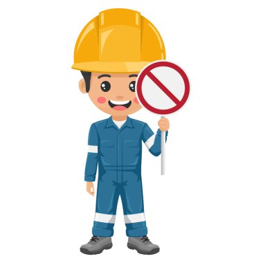 Endüstriyel tamirci, dur levhası koyuyor. Kişisel koruyucu ekipmanlarıyla mühendis. Önce güvenlik. İş yerinde sanayi güvenliği ve iş sağlığı