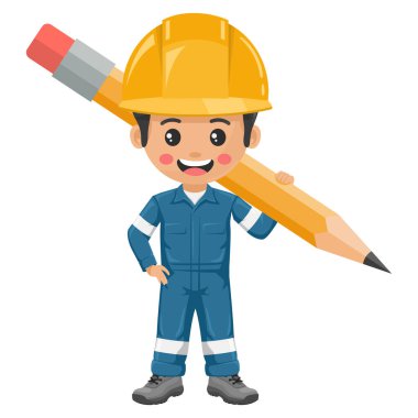 Dev kalemli endüstriyel tamirci. Proje yönetimi için yaratıcı bir kavram. Önce güvenlik. Kişisel koruyucu ekipmanlarıyla mühendis. İş yerinde sanayi güvenliği ve iş sağlığı