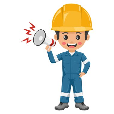 Endüstriyel tamirci megafonla bir duyuru yapıyor. Üstü örtülü ve kişisel koruyucu ekipmanlarıyla denetleyici mühendis. İş yerinde sanayi güvenliği ve iş sağlığı