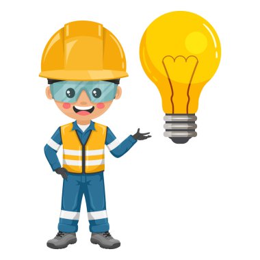Güvenlik yeleği, mavi tulum, kask, güvenlik gözlüğü ve eldivenli dev bir ampul. Yaratıcı bir fikir sembolü. İş yerinde sanayi güvenliği ve iş sağlığı