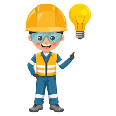 Yansıtıcı güvenlik yeleği, tulumu, kaskı, güvenlik gözlükleri ve ampullü eldivenleri olan endüstri mühendisi. Fikir üretimi için yaratıcı bir kavram. Sanayi güvenliği ve iş sağlığı