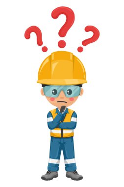 Endüstriyel mühendis SSS konsepti için soru işaretiyle şüpheyi dile getiriyor. Önce güvenlik. Kişisel koruyucu ekipman. İş yerinde sanayi güvenliği ve iş sağlığı