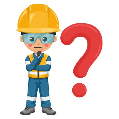 Endüstriyel mühendis SSS konsepti için dev bir soru işaretiyle dalgın ve şüpheyi dile getiriyor. Önce güvenlik. Kişisel koruyucu ekipman. İş yerinde sanayi güvenliği ve iş sağlığı