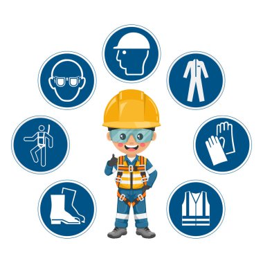 Industrial Safety Engineer  with safety harness and personal protective equipment for working at height and preventing falls. Safety icons. Safety first. Industrial safety and occupational health clipart