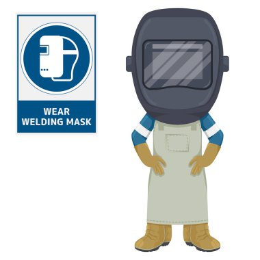 Welding engineer with mandatory sign wear a welding mask to avoid hot flying particles, intense light and UV radiation from welding activity. Industrial safety and occupational health at work clipart