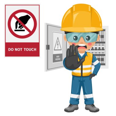 Dokunma. Nesnelere ya da nesnelerin parçalarına dokunmak yok. Tehlikeli yüzeyler. Yüksek voltajlı ve elektrik tehlikesi olan elektrik şalter paneli. Önce güvenlik. Sanayi güvenliği ve iş sağlığı