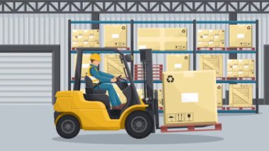 Forklift kullanan endüstri işçisi. Palet rafları ve istiflenmiş kutularla dolu sanayi deposu. Kusursuz döngü animasyonu. Forklift sürüş emniyeti. Endüstriyel depolama ve ürün dağıtımı