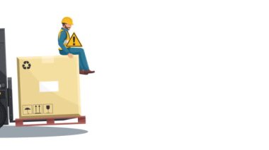 İnsanları forkliftle taşımanın animasyonu yasaktır. Forklift kullanmanın tehlikeleri. Forklift sürüş emniyeti. Bir depoda iş kazası. Önce güvenlik. İş yerinde kaza önleme