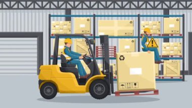 İnsanları forkliftle taşımanın animasyonu yasaktır. Forklift kullanmanın tehlikeleri. Forklift sürüş emniyeti. Bir depoda iş kazası. Önce güvenlik. İş yerinde kaza önleme