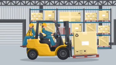Animasyon, insanları forkliftle taşımak yasaktır. Forklift kullanmanın tehlikeleri. Forklift sürüş emniyeti. Bir depoda iş kazası. Önce güvenlik. İş yerinde kaza önleme