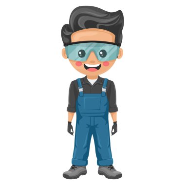 Bakım teknisyeni. Kişisel koruyucu ekipman, güvenlik gözlükleri, mavi tulum ve eldivenlere sahip tamirci, sanayi ve iç ortamlarda bakım görevleri, tamirat çalışmalarına odaklandı