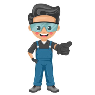 Bakım teknisyeni işaret ediyor. İşaret parmağıyla gösteriyor. Kişisel koruyucu ekipmanlara sahip tamirci, endüstriyel ve yerli ortamlarda bakım görevleri, tamiratlara odaklandı