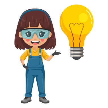 Dev bir ampulü olan bakım teknisyeni. Yaratıcı fikir sembolü. Kişisel koruyucu ekipmanlara sahip becerikli bir kadın, sanayi ve yerli ortamlarda bakım görevlerine, tamiratlara odaklandı