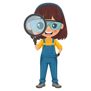 Bakım teknisyeni büyüteçle bakıyor. Çalışma ve araştırma kavramı. Kişisel koruyucu ekipmanlara sahip becerikli kadın sanayi ve yerli ortamlarda bakım üzerine odaklandı