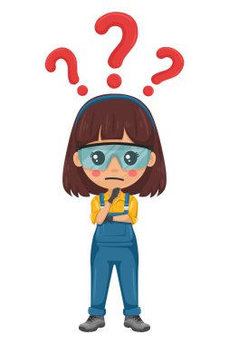 Bakım teknisyeni, SSS konsepti için soru işaretiyle kuşkularını dile getiriyor. Kişisel koruyucu ekipmanlara sahip becerikli kadın sanayi ve yerli tamiratlara odaklandı