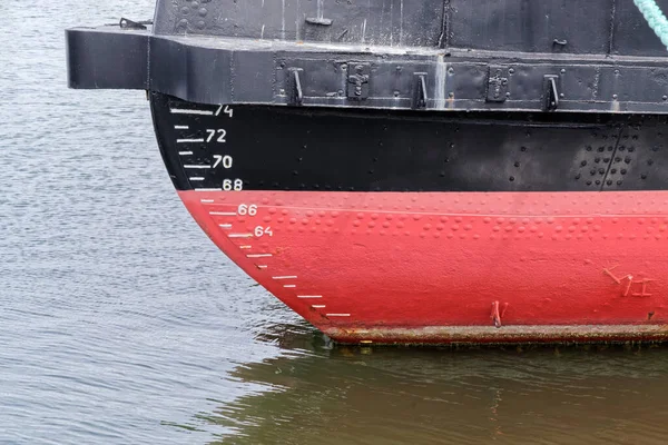 Close-up of waterline markings on the ship\'s bow